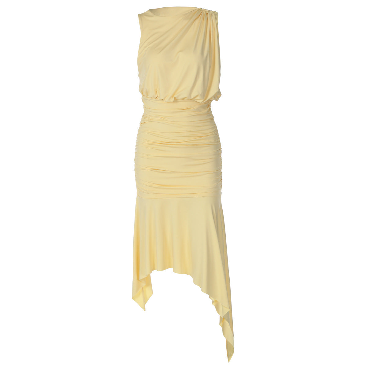 Women Clothing Summer Sleeveless Pleated Waist Tight Slimming Irregular Asymmetric Dress Bella Mia