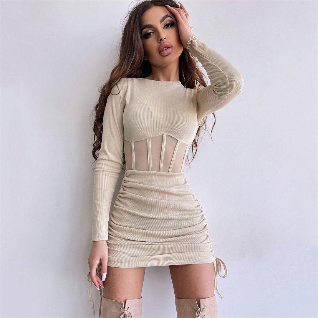 Mesh Hollow Out Cutout Waist Dress for Women Spring Summer Women Wear round Neck Sexy Long Sleeve Pleating Short Dress for Women Bella Mia
