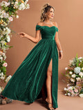 Off Shoulder Evening Dress Slit Metallic Fabric Large Swing Dance Dress Party Dress Bridesmaid Dress Summer