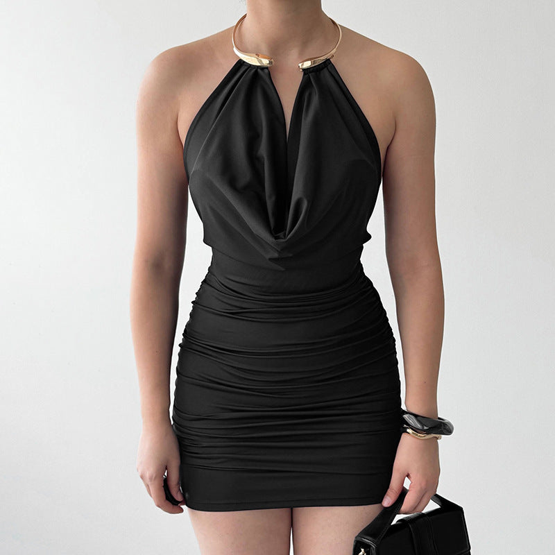 Women Clothing Summer Sleeveless Eyelet Halter Swing Collar Tight Dress Bella Mia