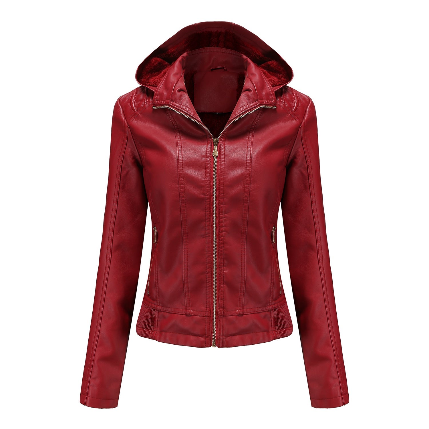 Fall Winter Hooded Leather Coat Women's Detachable Hat Long Sleeve Zipper Fleece-Lined Leather Jacket Slim Coat Wanita Store