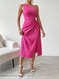 Spring Summer Elegant Sexy Sleeveless Shoulder Diagonal Collar Solid Color Slit Dress Women Bella Mia