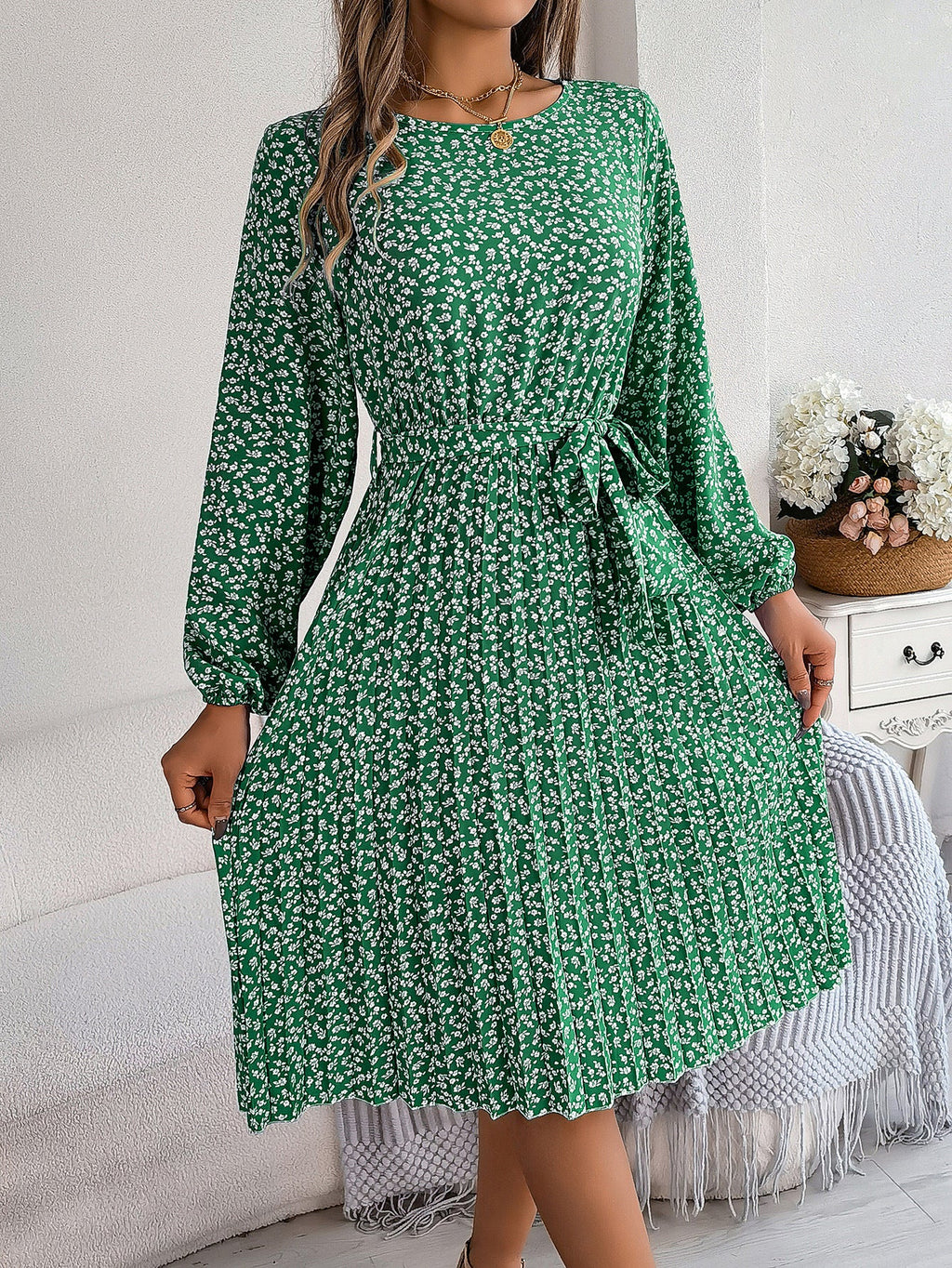 Spring Summer Casual Long Sleeved Floral Large Hem Pleated Women Clothing Bella Mia
