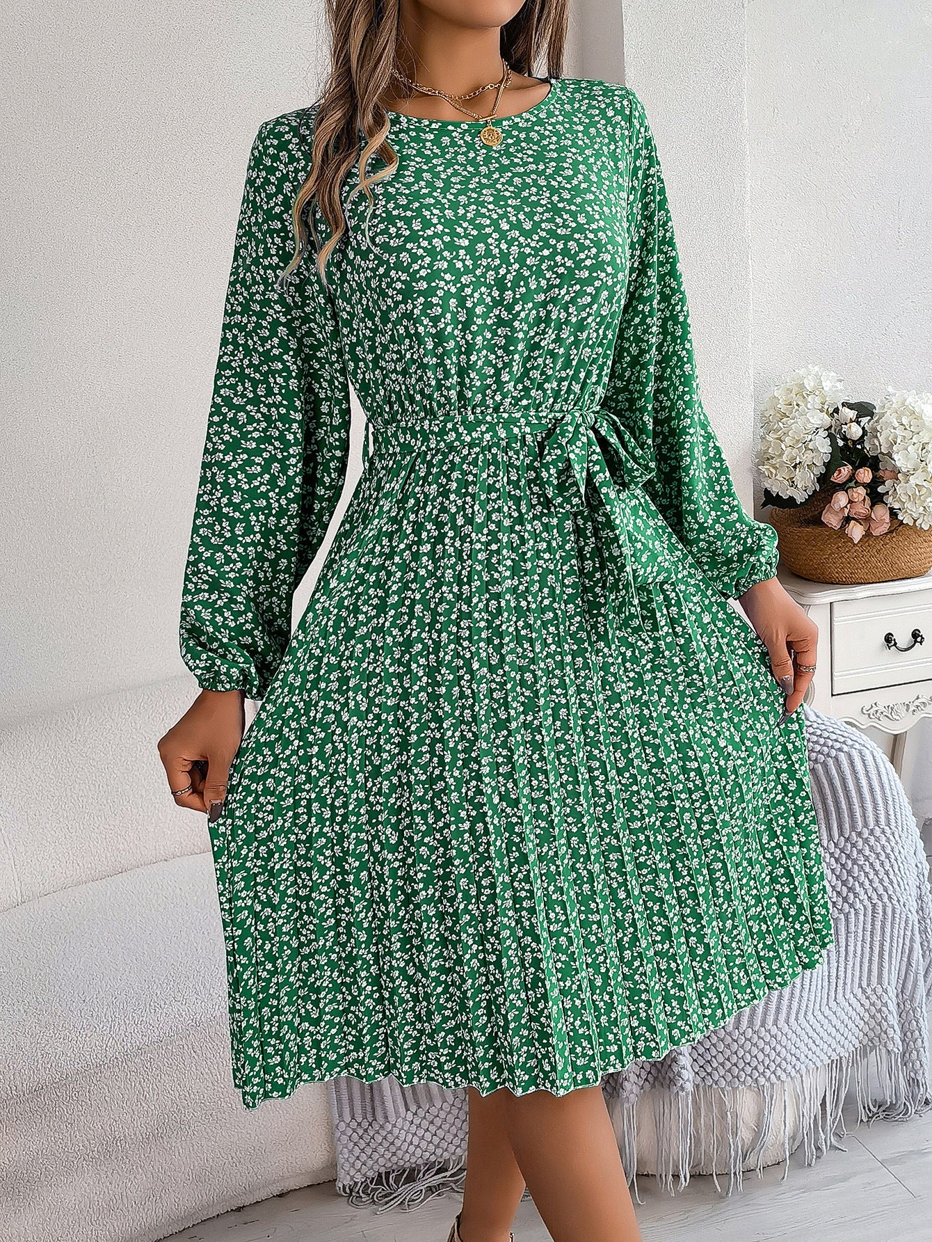 Spring Summer Casual Long Sleeved Floral Large Hem Pleated Women Clothing Bella Mia