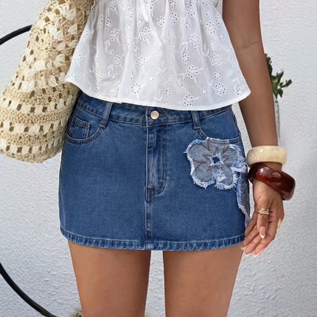 Summer Denim Skirt Women A line Slimming Personality Embroidery Bella Mia