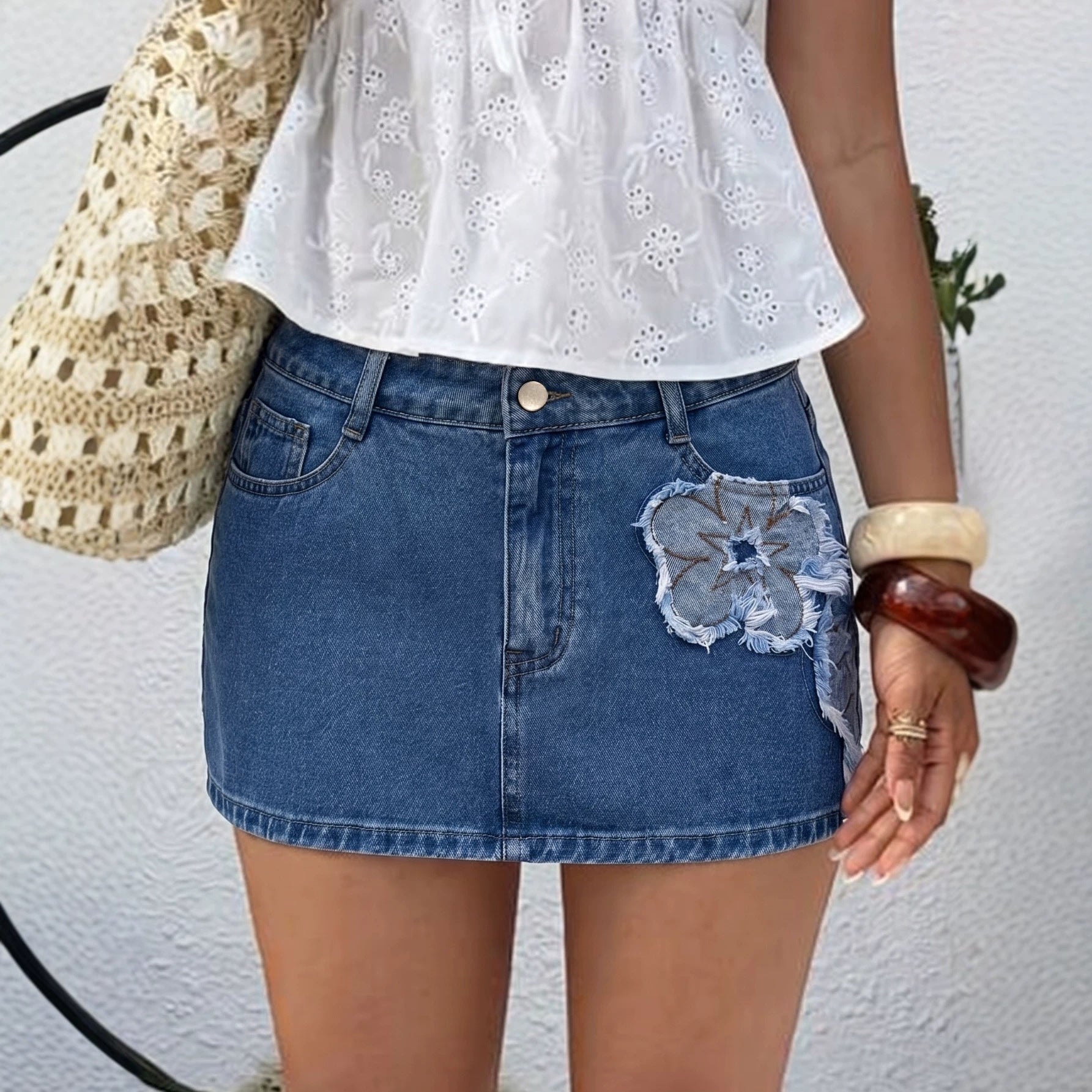 Summer Denim Skirt Women A line Slimming Personality Embroidery Bella Mia