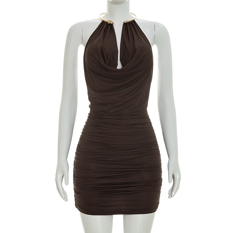 Women Clothing Summer Sleeveless Eyelet Halter Swing Collar Tight Dress Bella Mia
