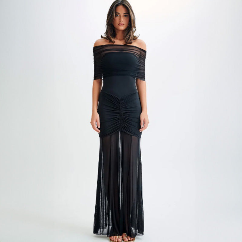 Women Clothing Autumn Tube Top Pleated Mesh Slim Fit Patchwork Dress Two Piece Set
