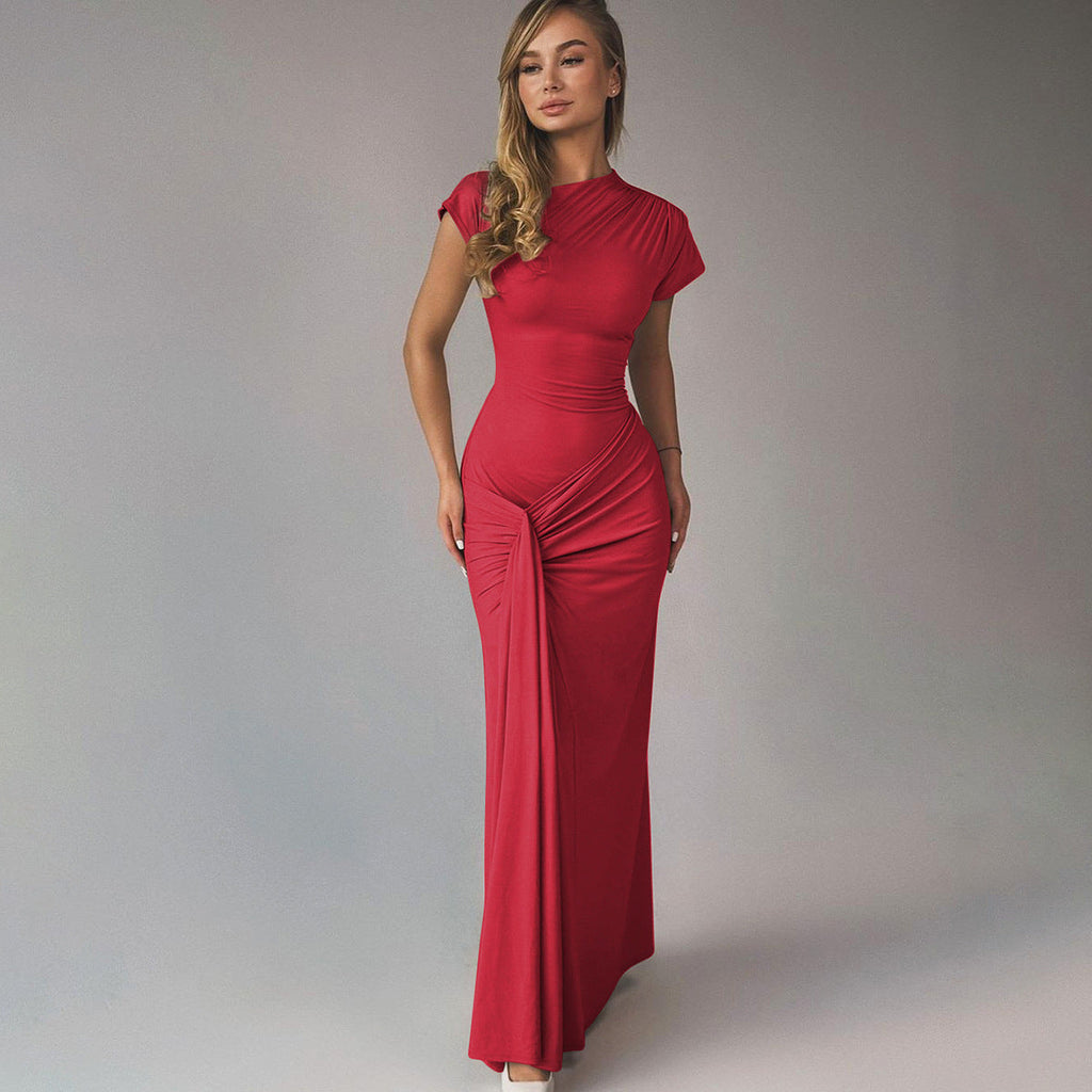 Women Clothing Autumn Slim Pleated Lace Up Short Sleeve Dress Women Bella Mia