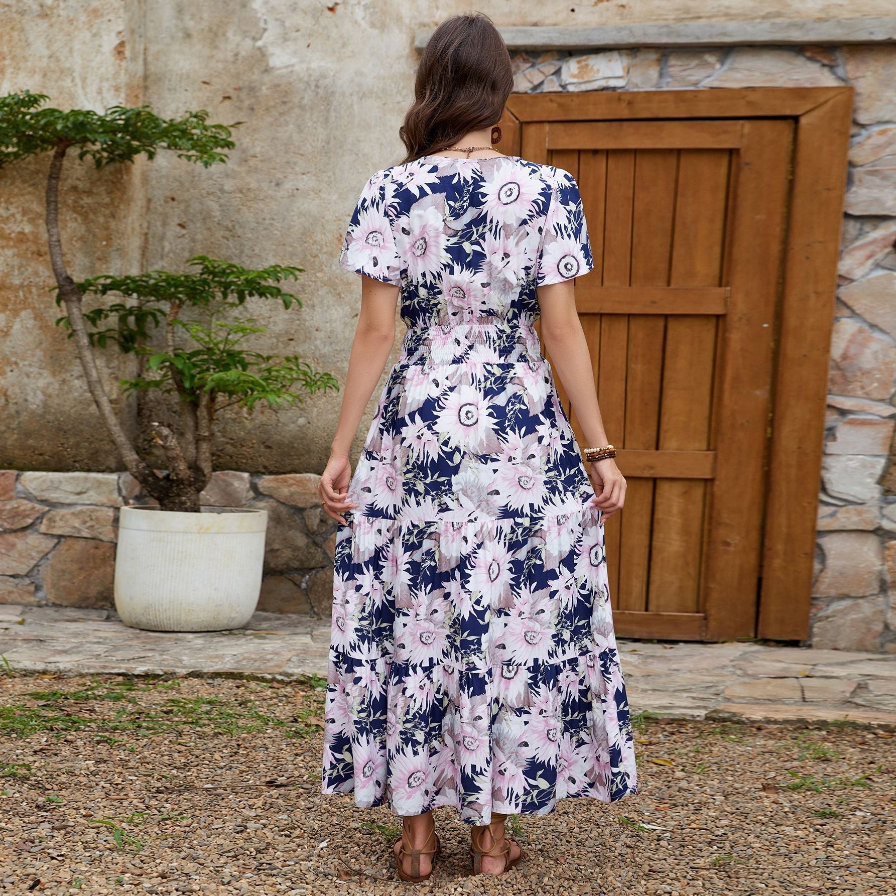 Real Shot Spring Summer Rayon Short Sleeve V neck Slim Fit Figure Flattering Maxi Dress Vacation Dress Bella Mia