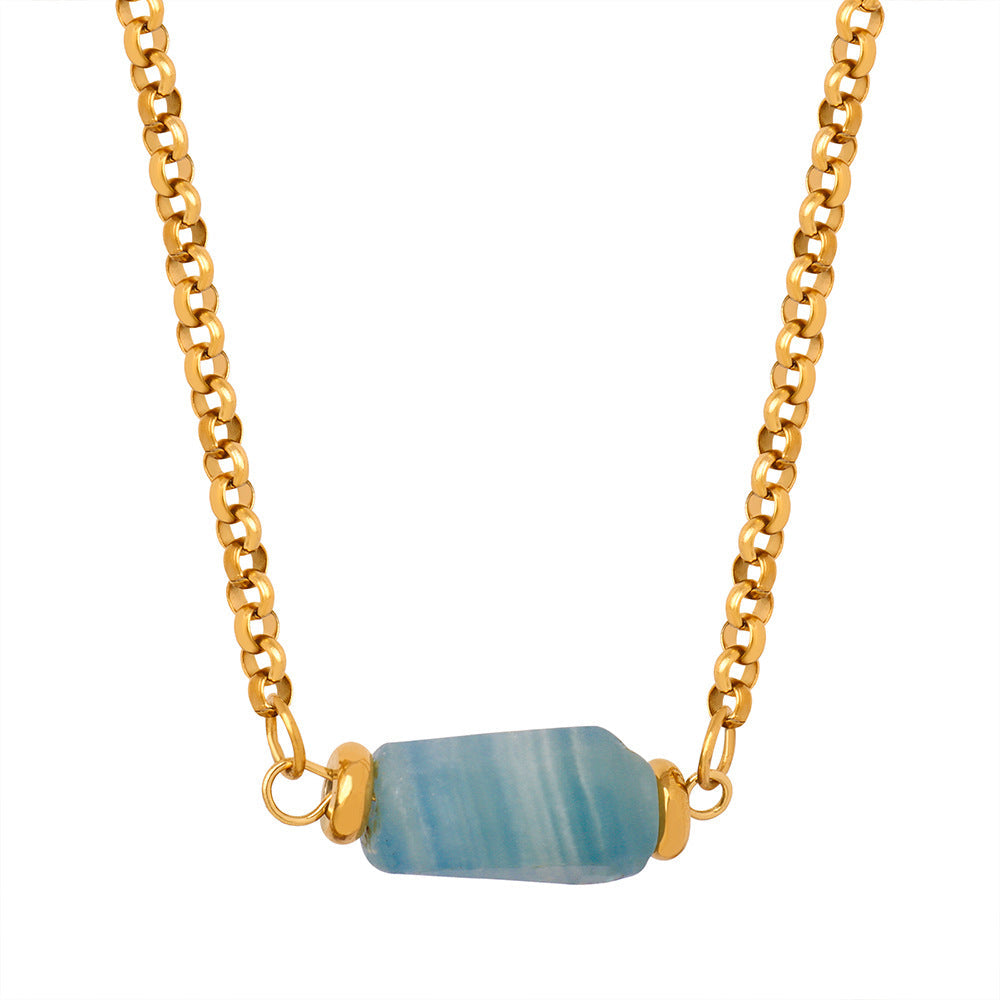 Retro Personalized Minority Titanium Steel Gold Plated Geometric Abstract Irregular Asymmetric Natural Stone Embellished Necklace Ornament Women