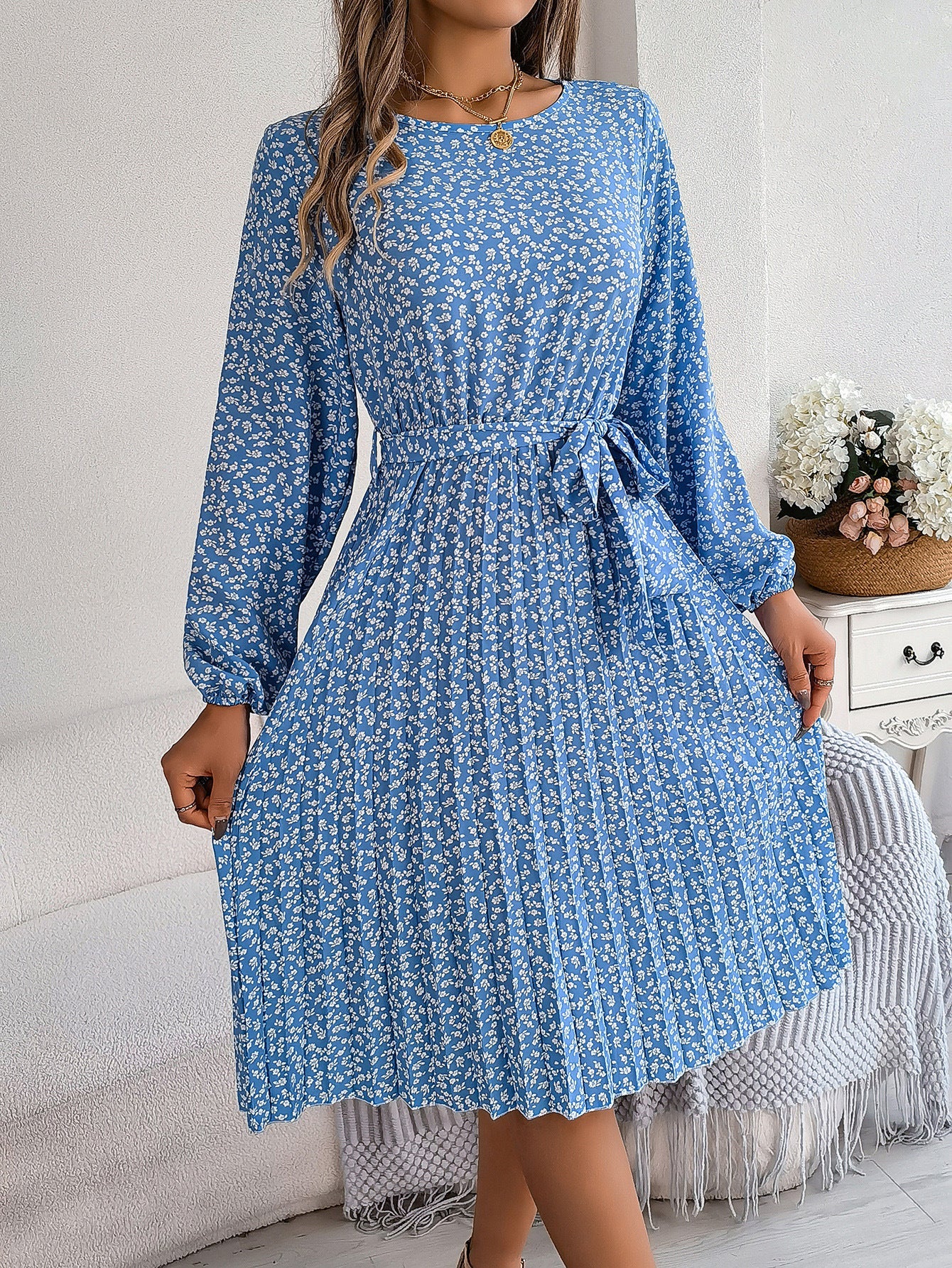 Spring Summer Casual Long Sleeved Floral Large Hem Pleated Women Clothing Bella Mia
