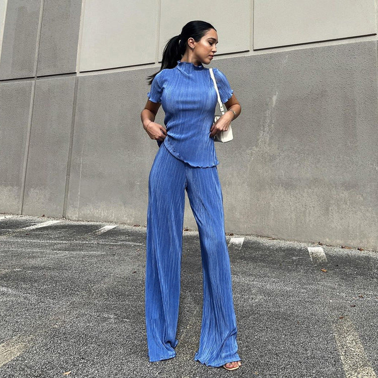 Spring Slimming T shirt High Waist Blue Pleated Wide Leg Pants Casual Women Clothing Fashion Suit Bella Mia