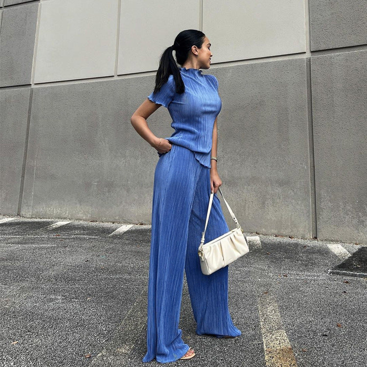 Spring Slimming T shirt High Waist Blue Pleated Wide Leg Pants Casual Women Clothing Fashion Suit Bella Mia