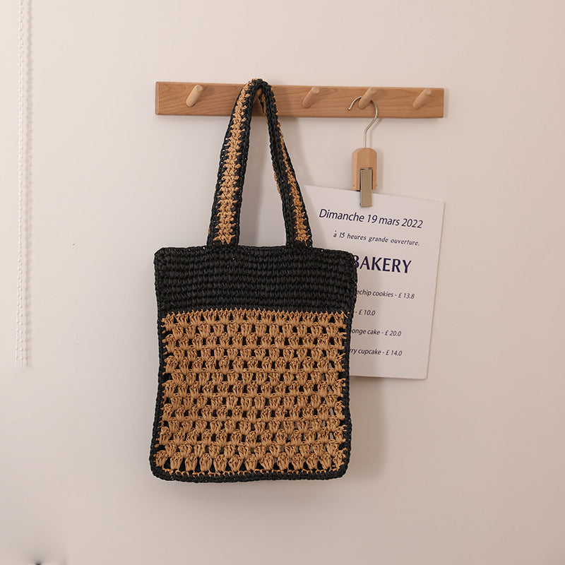 Color Matching Hollow Out Cutout out Crochet Shoulder Straw Bag Special Interest Design Hand Woven Bag Seaside Vacation Beach Bag Wanita Store