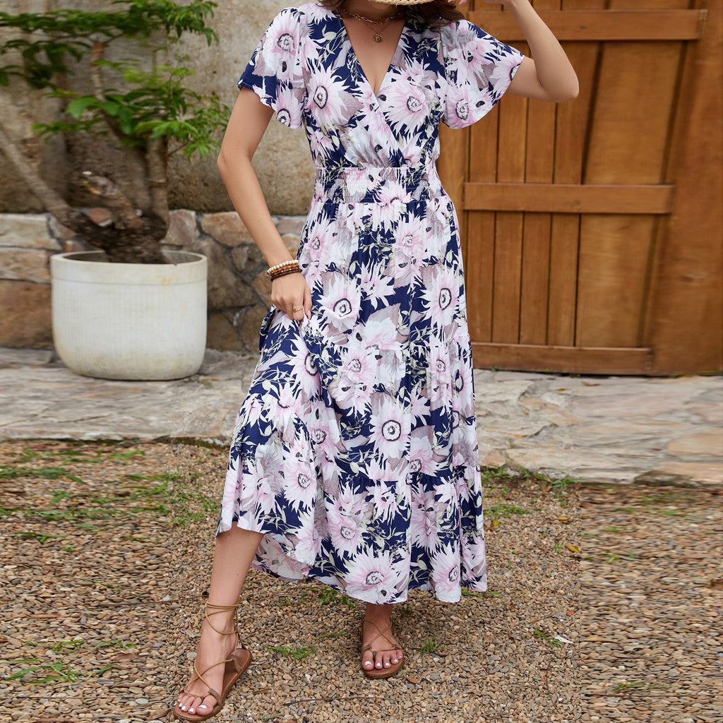 Real Shot Spring Summer Rayon Short Sleeve V neck Slim Fit Figure Flattering Maxi Dress Vacation Dress Bella Mia
