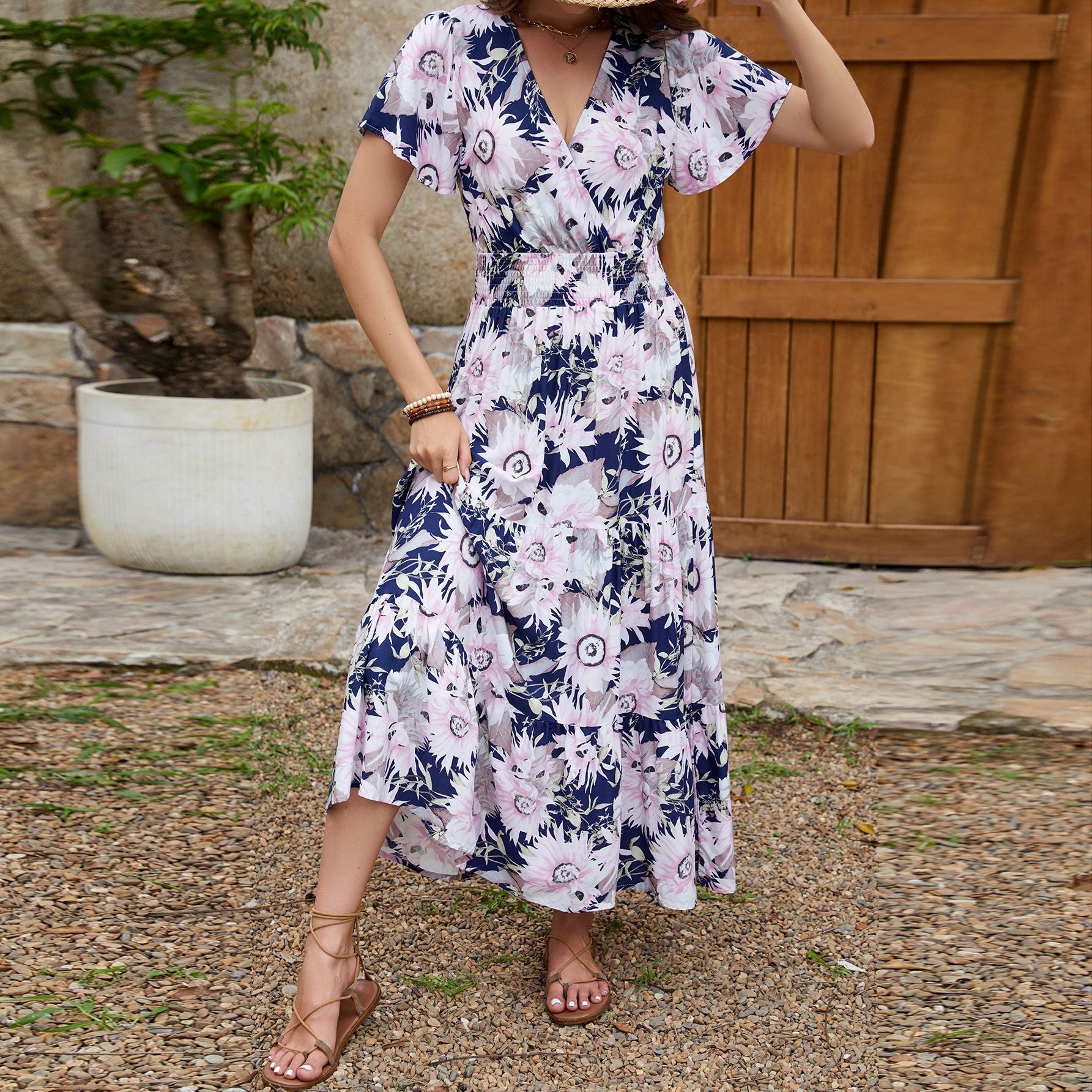 Real Shot Spring Summer Rayon Short Sleeve V neck Slim Fit Figure Flattering Maxi Dress Vacation Dress Bella Mia