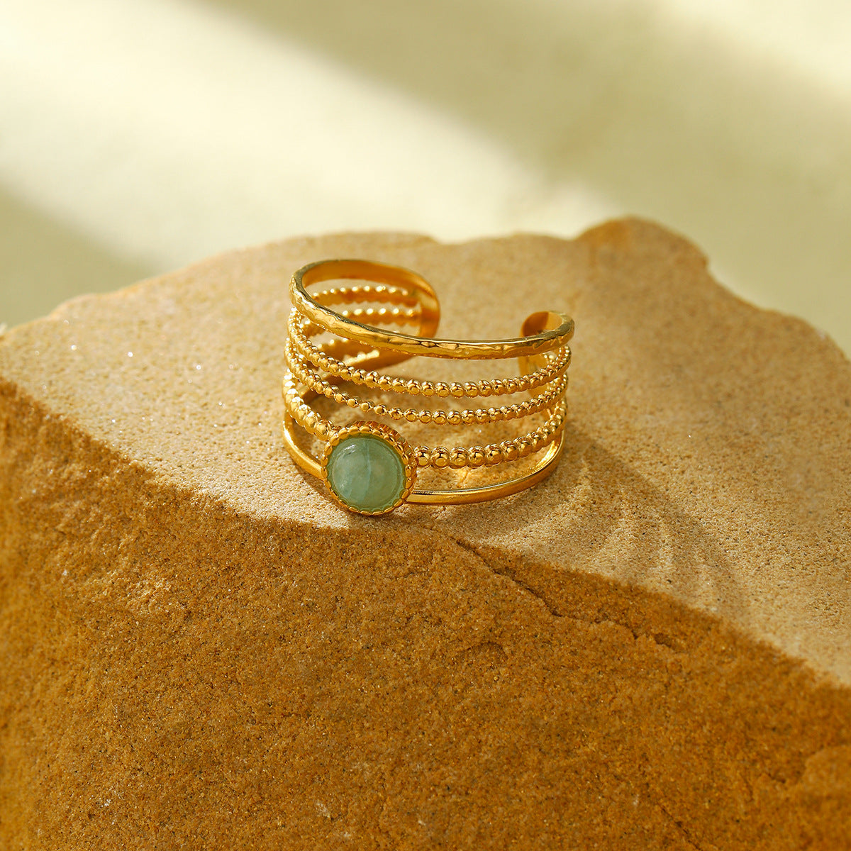 18K Gold Titanium Steel Natural Green Aventurine Open Ring Women All Match High Sense Ornament