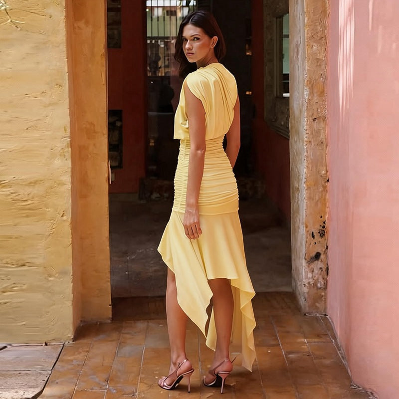 Women Clothing Summer Sleeveless Pleated Waist Tight Slimming Irregular Asymmetric Dress Bella Mia
