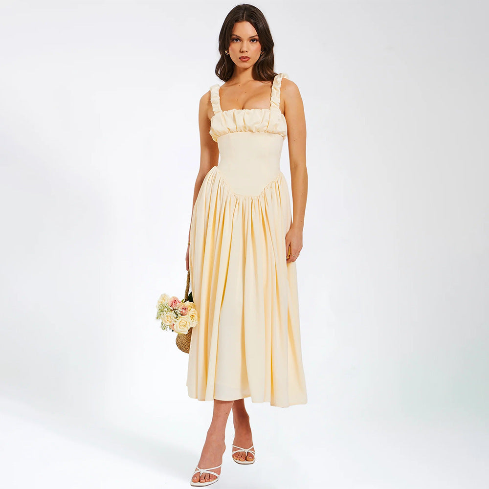 Spring Dress Sexy Square Collar Sling Stitched Backless Dress Bella Mia