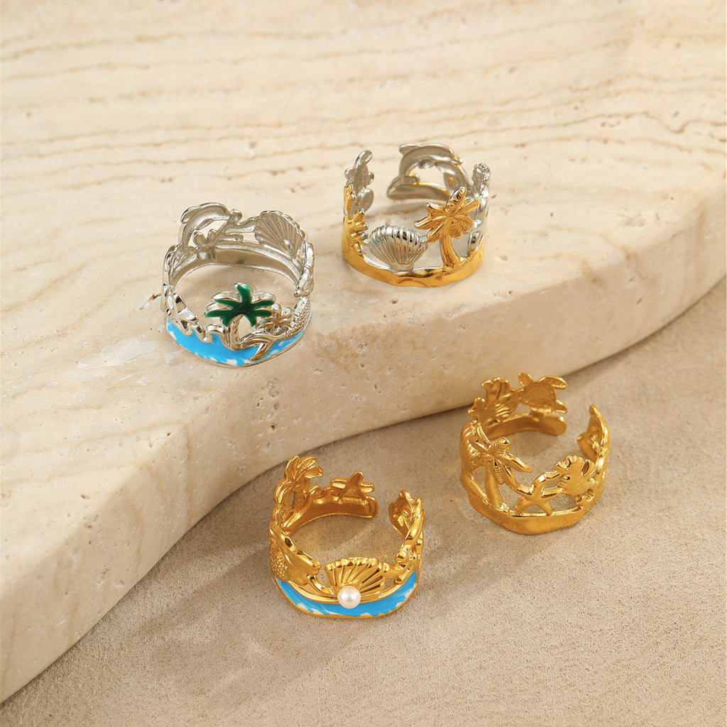 Arrival Ocean Mermaid Pearl Ring Stainless Steel Gold Plated Open Ring Niche Design Bracelet
