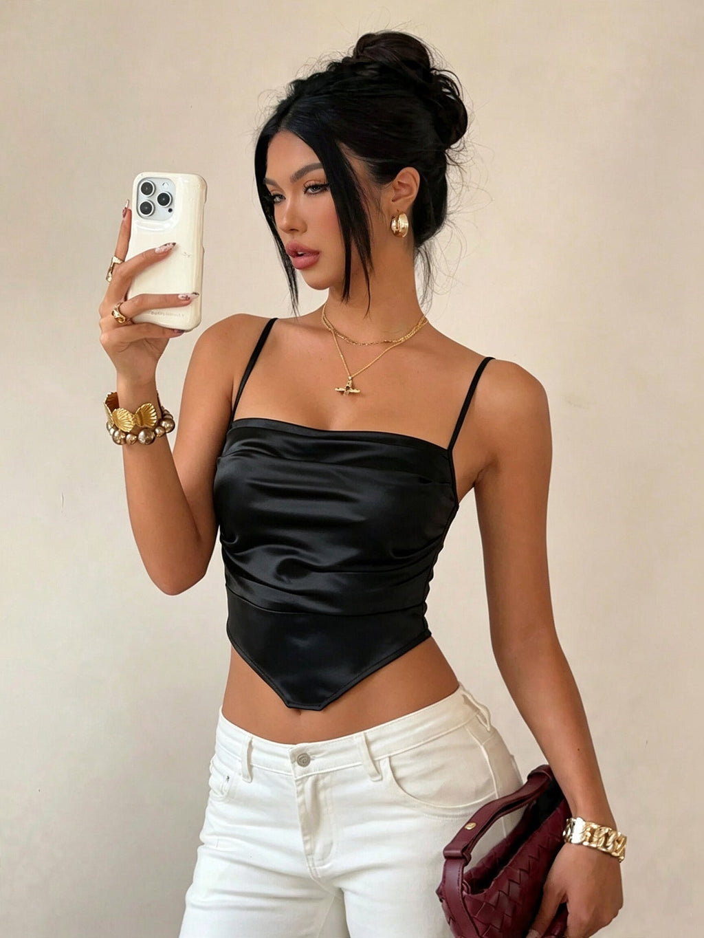 Square Collar Camisole Women Pleated Waist Tight Slimming Irregular Asymmetric Hem Short Top Bella Mia