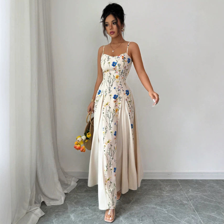Summer Printed Waist Controlled Splicing Sling Maxi Dress Women Elegant Floral Dress Bella Mia