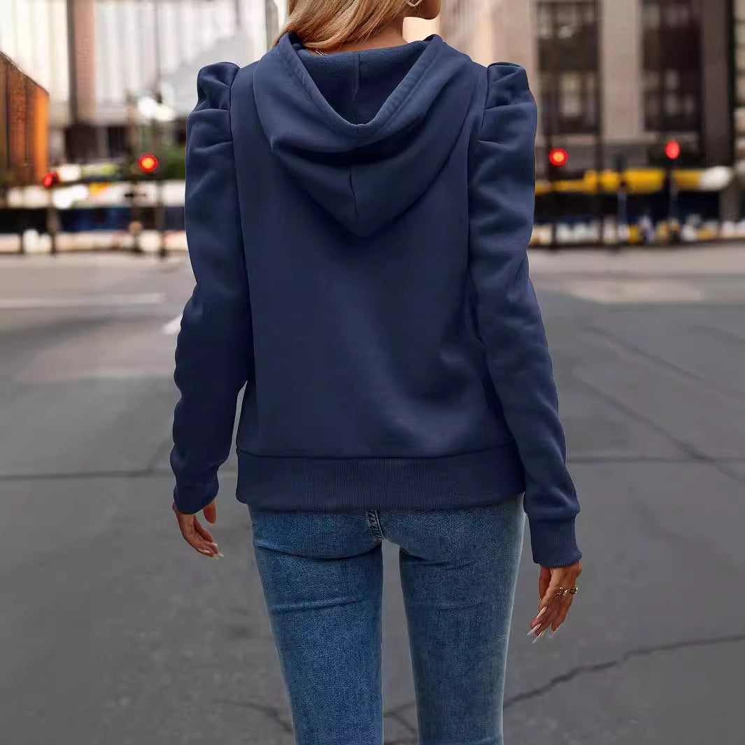 Autumn Winter Polo Collar Hooded Solid Color Long Sleeve Casual Women Top Sweatshirt