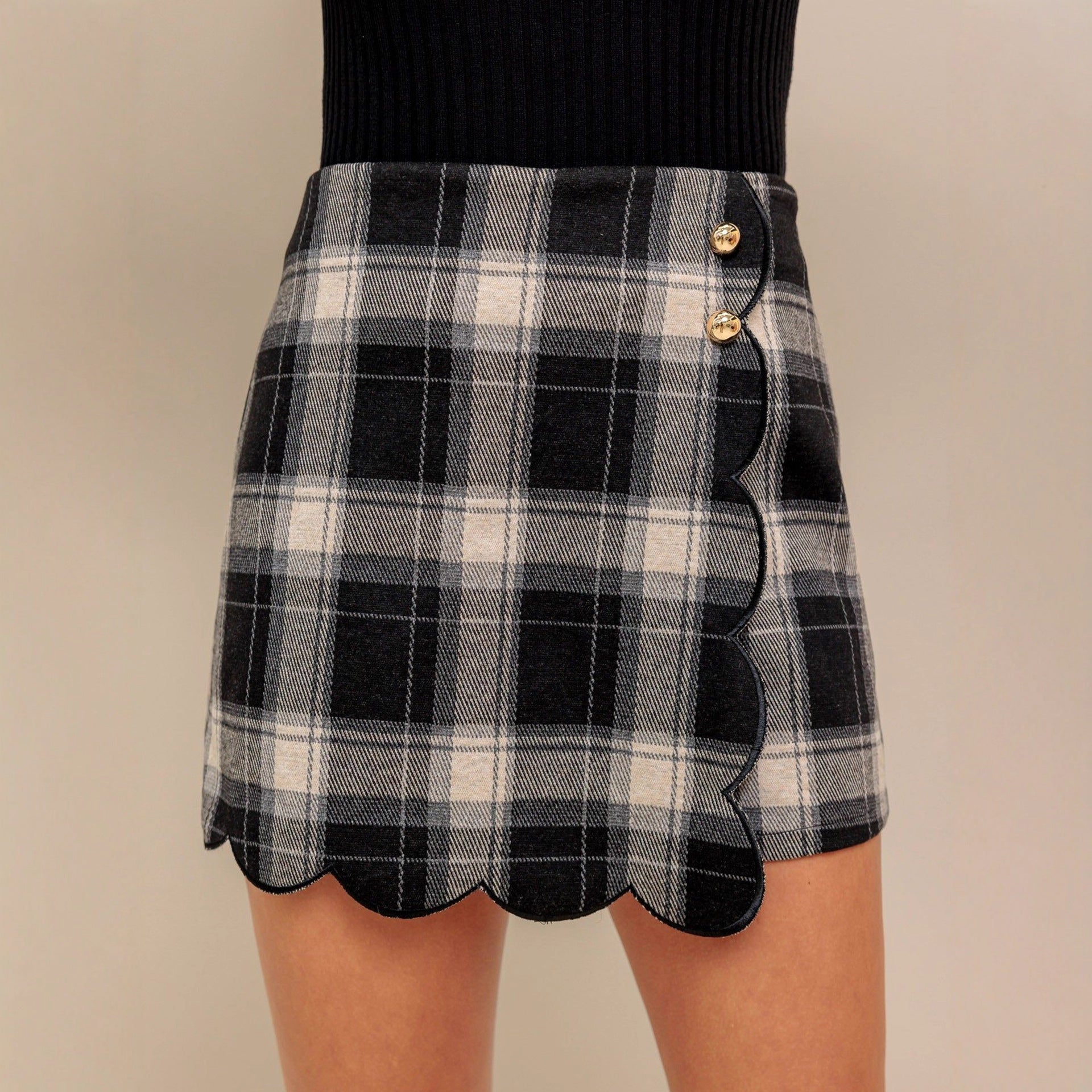 Personality Black White Lattice Pattern Shorts Vintage Embroidery Side with Metal Buckle All Matching Short Pantskirt