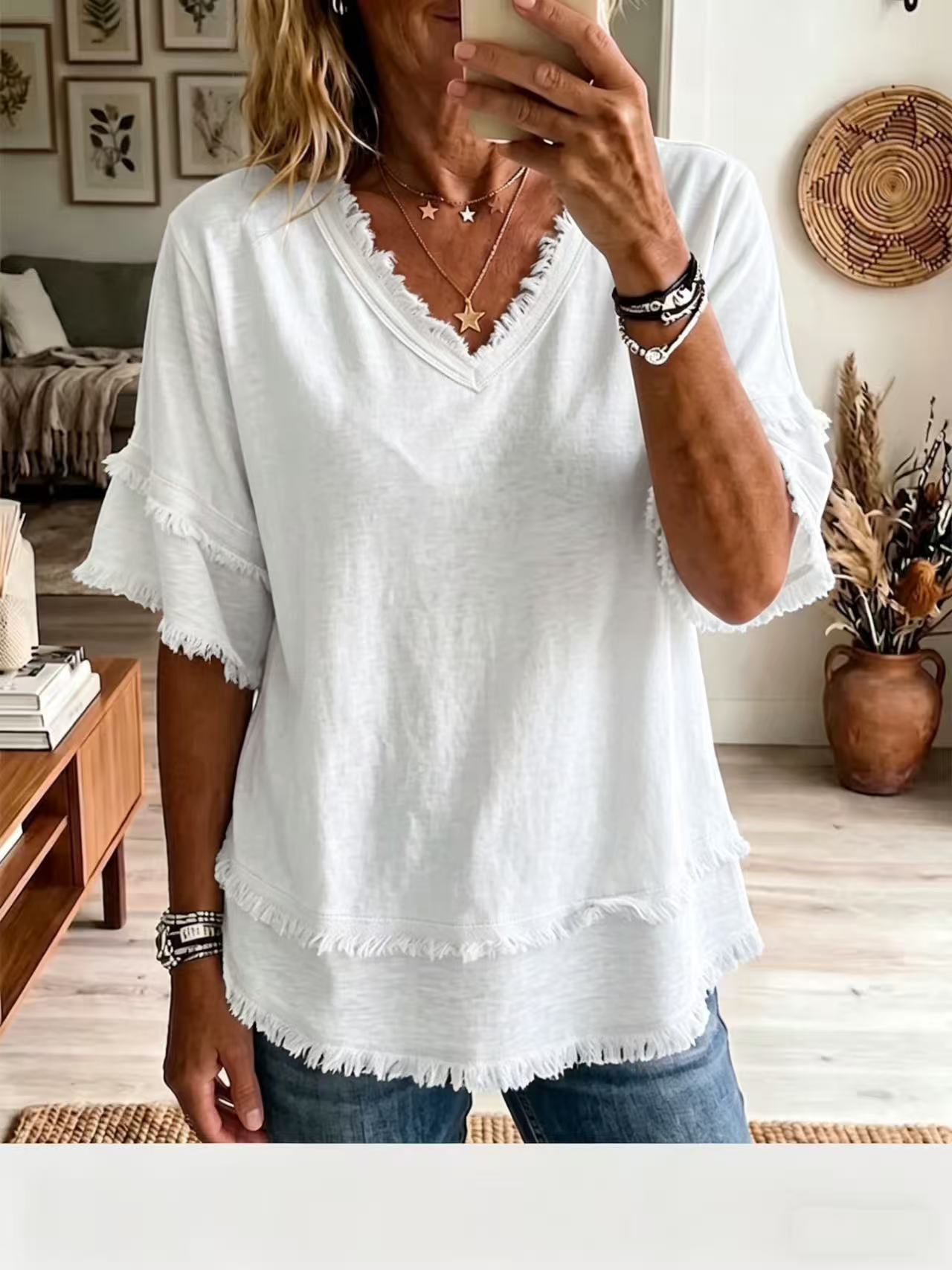V neck Pullover Short Sleeve Loose Women Shirt Casual Women Tops Wanita Store