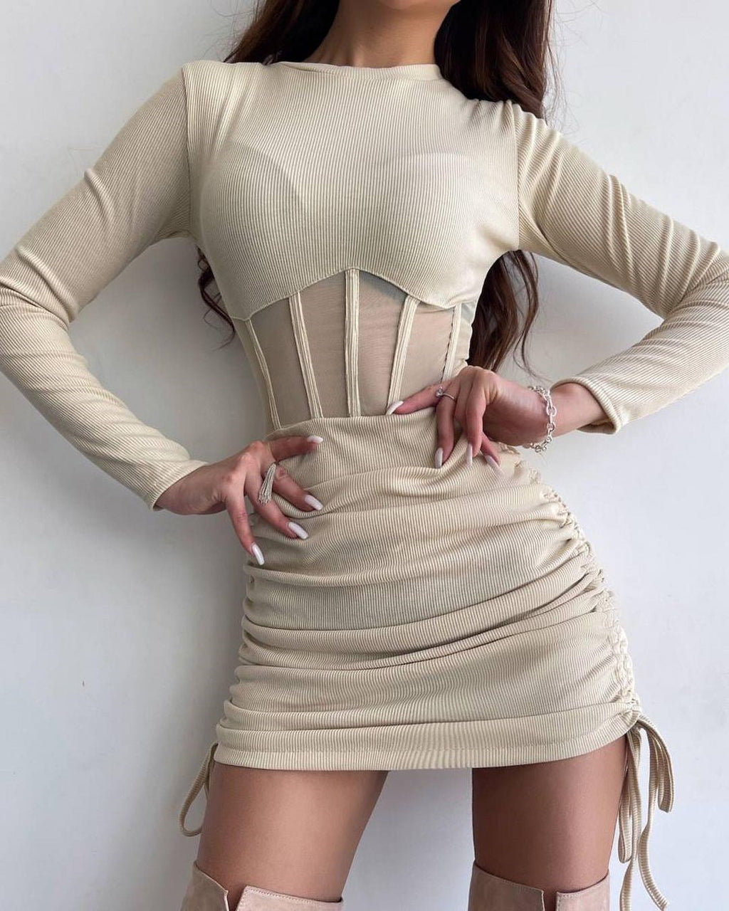 Mesh Hollow Out Cutout Waist Dress for Women Spring Summer Women Wear round Neck Sexy Long Sleeve Pleating Short Dress for Women Bella Mia