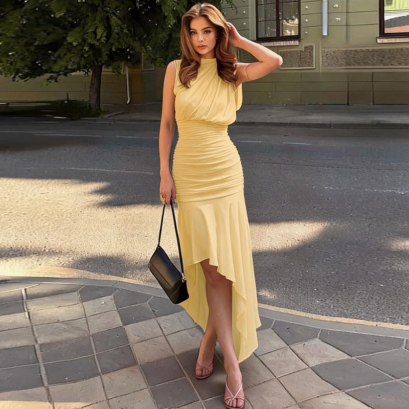 Women Clothing Summer Sleeveless Pleated Waist Tight Slimming Irregular Asymmetric Dress Bella Mia