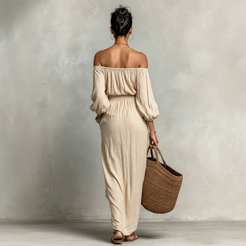 Women Clothing Summer Waist Puff Sleeve Vacation Dress French Casual Dress Apricot off the Shoulder Jumpsuit Bella Mia