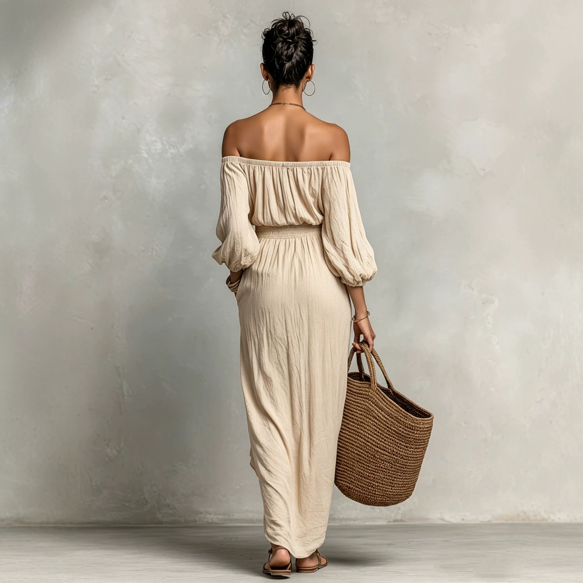 Women Clothing Summer Waist Puff Sleeve Vacation Dress French Casual Dress Apricot off the Shoulder Jumpsuit Bella Mia