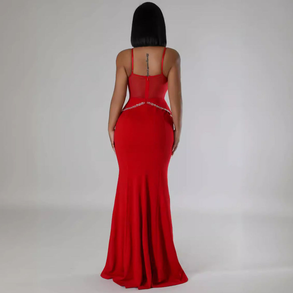 Sexy Rhinestone Mesh See Through Stitching Lace Hip Elastic Sling Dress Bella Mia