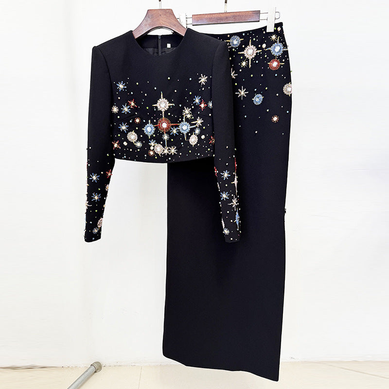 Women Rhinestone Beaded Short Top Skirt Two Piece Set Wanita Store