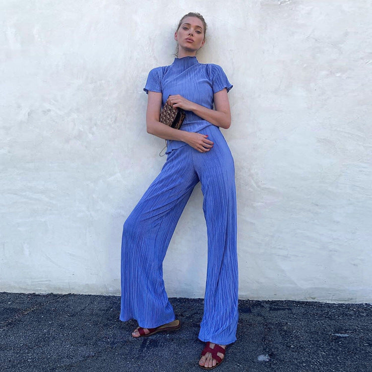 Spring Slimming T shirt High Waist Blue Pleated Wide Leg Pants Casual Women Clothing Fashion Suit Bella Mia