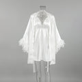 Loose Night Dress Robe Two Piece Sets Satin Stitching Feather Sleeve Solid Color Ladies Homewear