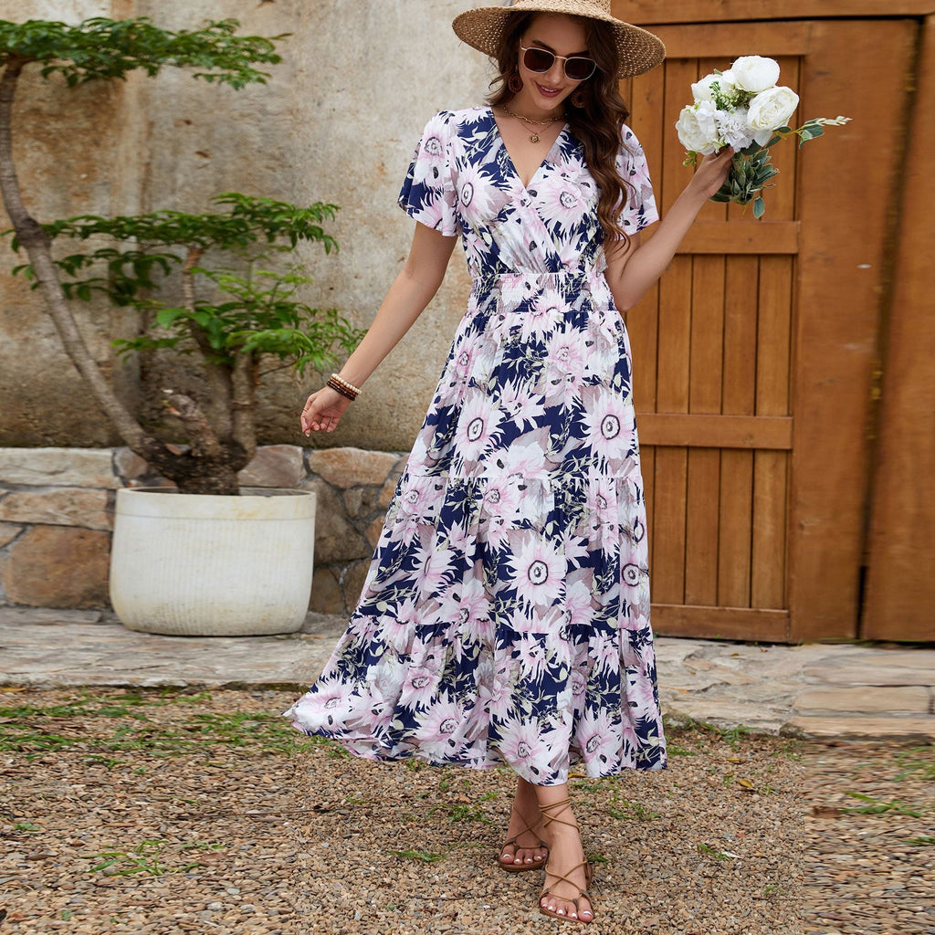 Real Shot Spring Summer Rayon Short Sleeve V neck Slim Fit Figure Flattering Maxi Dress Vacation Dress Bella Mia