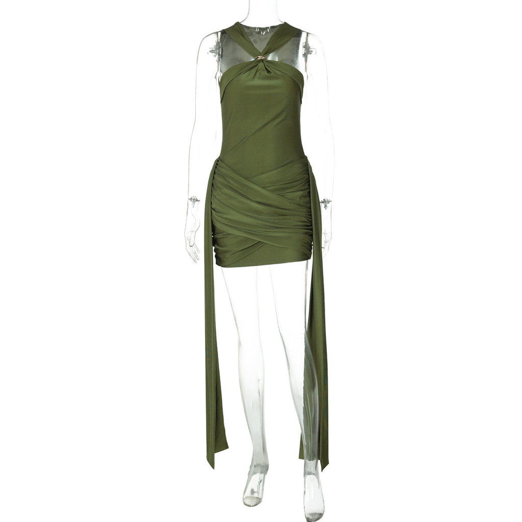 Women Clothing Summer Sleeveless Halter Pleated Waist Tight Slim Sexy Skinny Sheath Dress Bella Mia