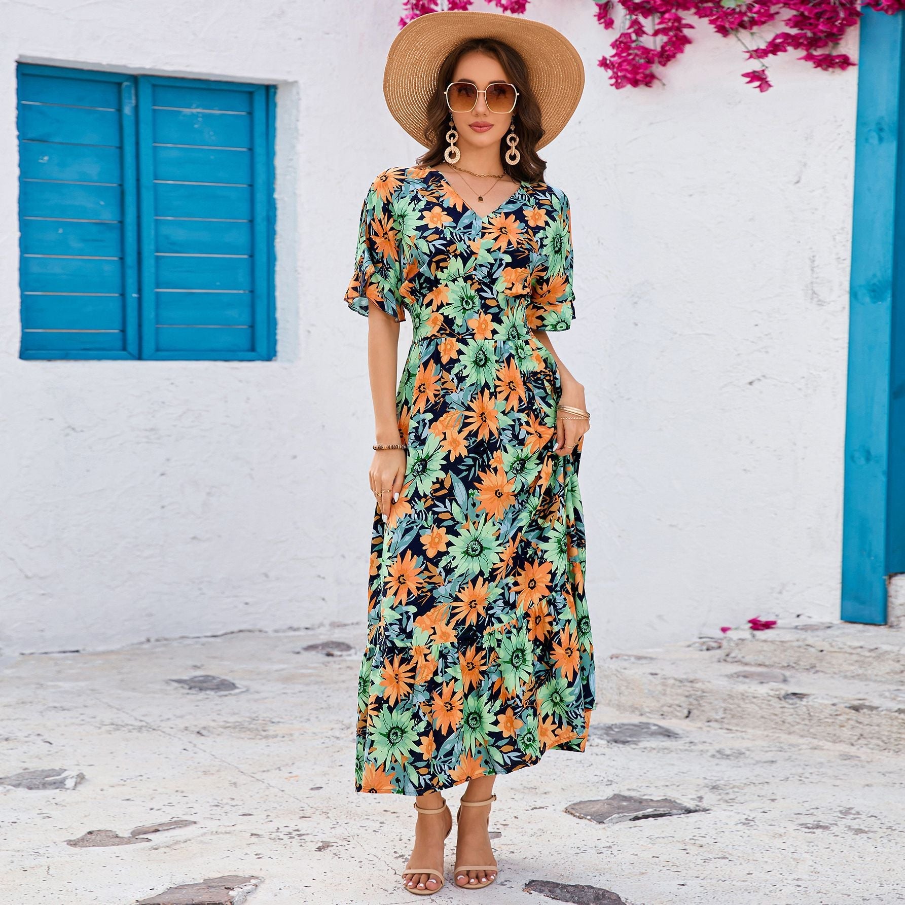 Summer V neck Ruffled Short Sleeve Maxi Dress Elegant Seaside Holiday Dress Bella Mia