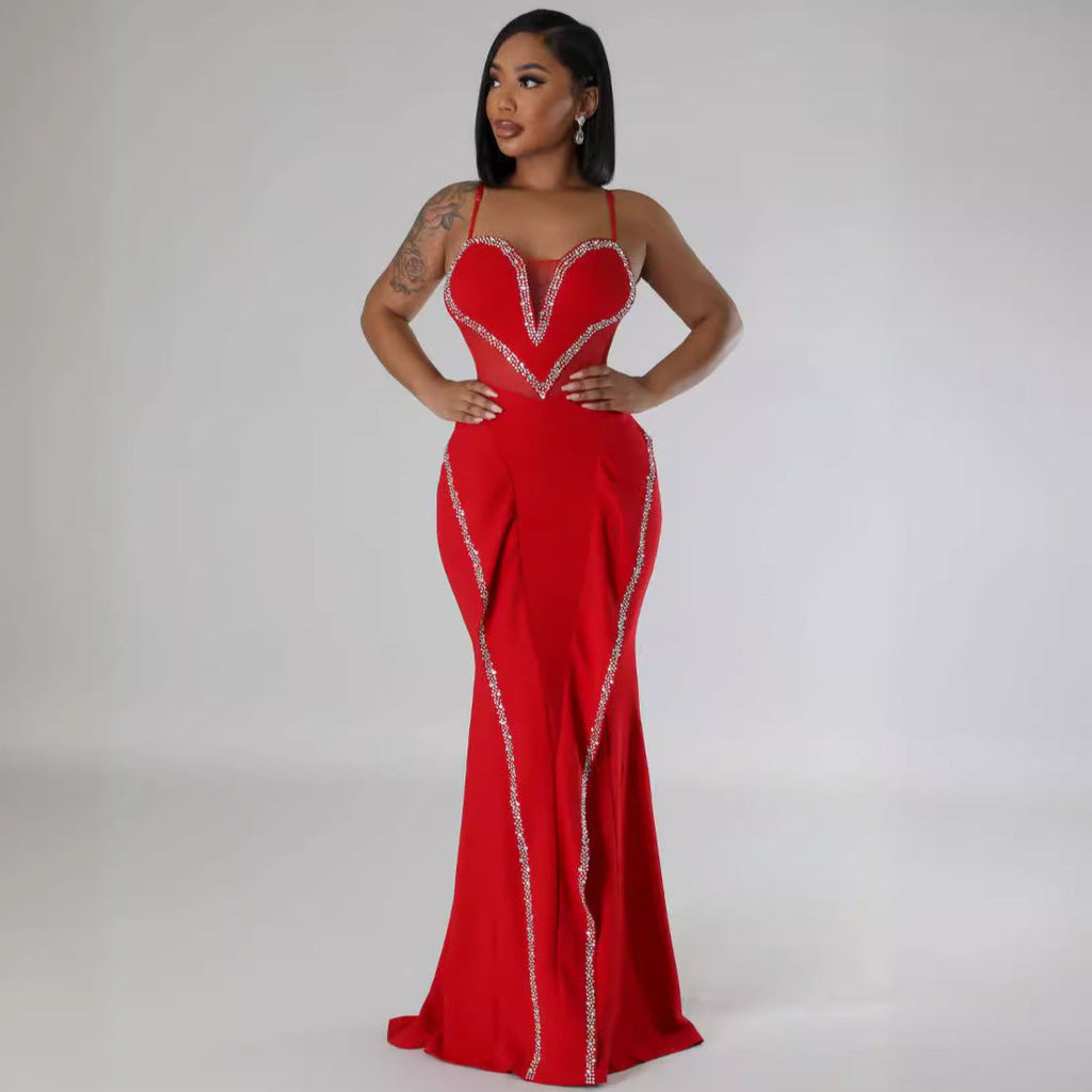 Sexy Rhinestone Mesh See Through Stitching Lace Hip Elastic Sling Dress Bella Mia