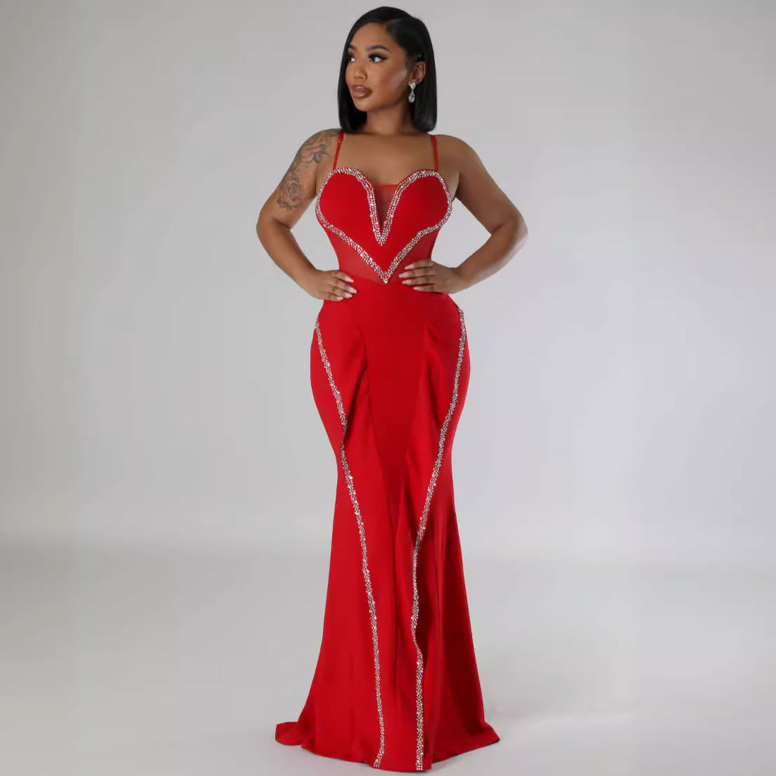 Sexy Rhinestone Mesh See Through Stitching Lace Hip Elastic Sling Dress Bella Mia