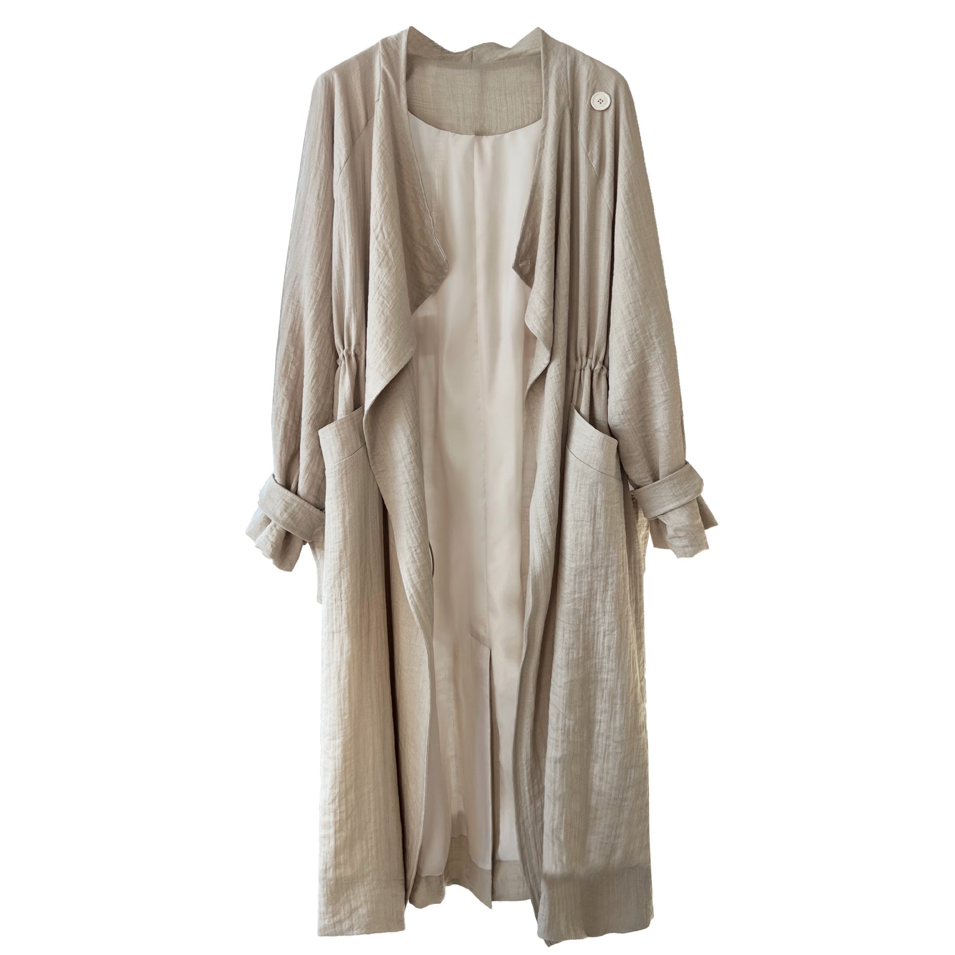 Chinese National below the Knee Trench Coat Women Mid Length Spring Drawstring Cotton Linen Coat