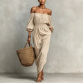 Women Clothing Summer Waist Puff Sleeve Vacation Dress French Casual Dress Apricot off the Shoulder Jumpsuit Bella Mia