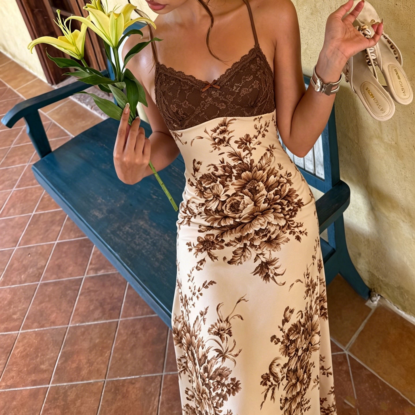 Sexy Retro Lace Stitching Chest Strap Dress French Elegant Romantic Floral Dress Bella Mia