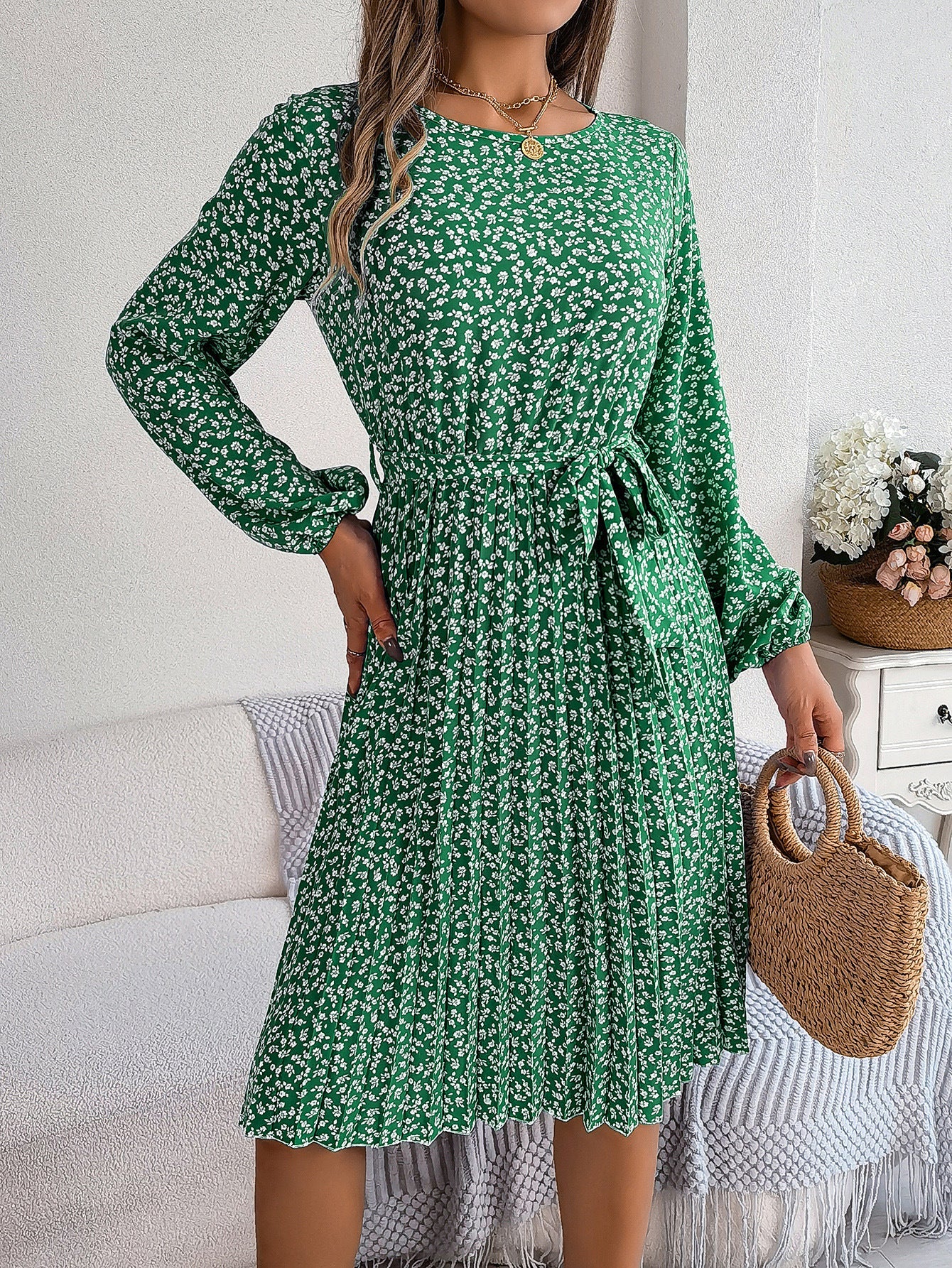 Spring Summer Casual Long Sleeved Floral Large Hem Pleated Women Clothing Bella Mia