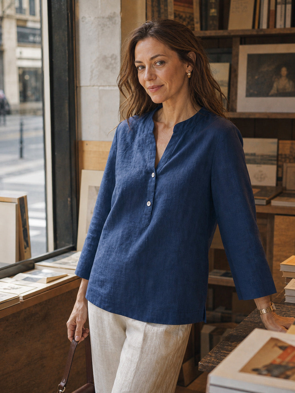 100% Linen Deep V-Neck Pullover with Button-Trim JOLYNE LINTICO