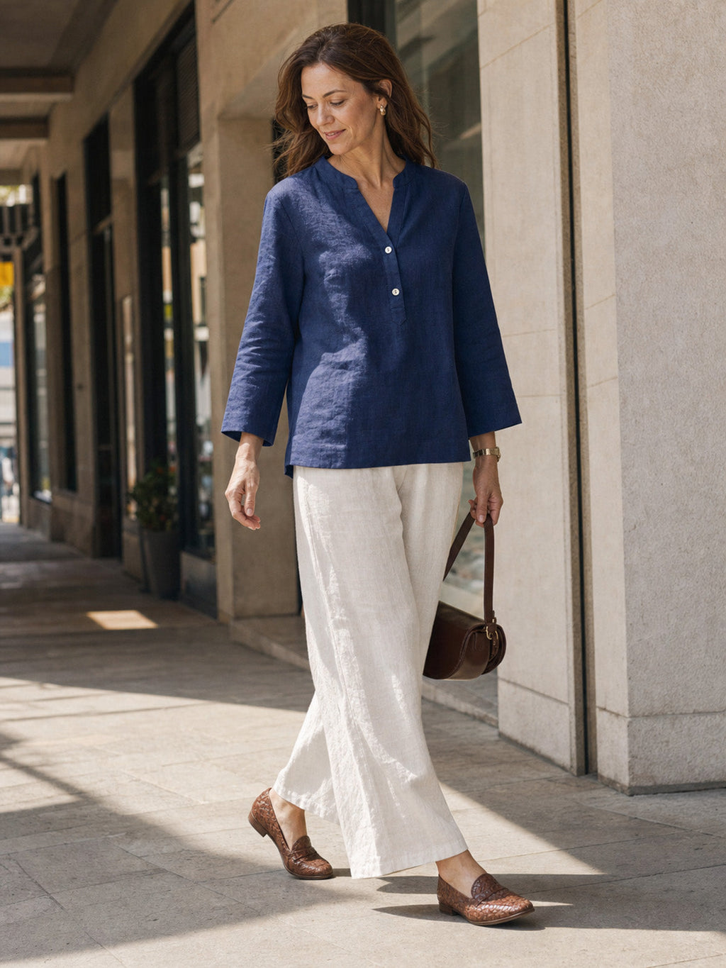 100% Linen Deep V-Neck Pullover with Button-Trim JOLYNE LINTICO