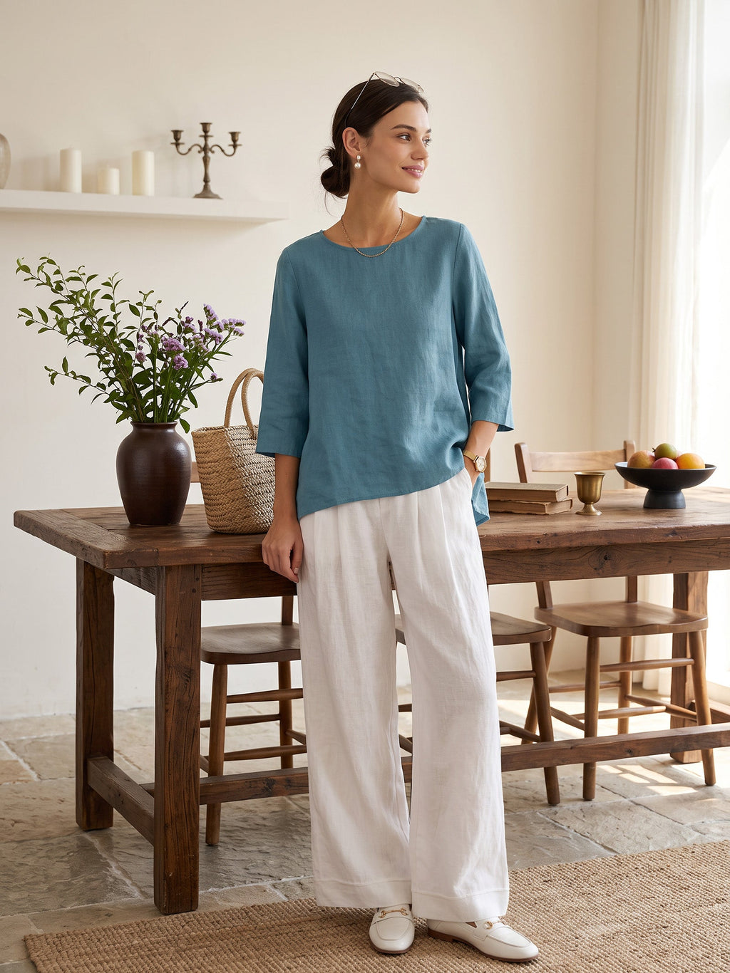 100% Linen Round Neck Asymmetrical Hem Top BRIANNA LINTICO